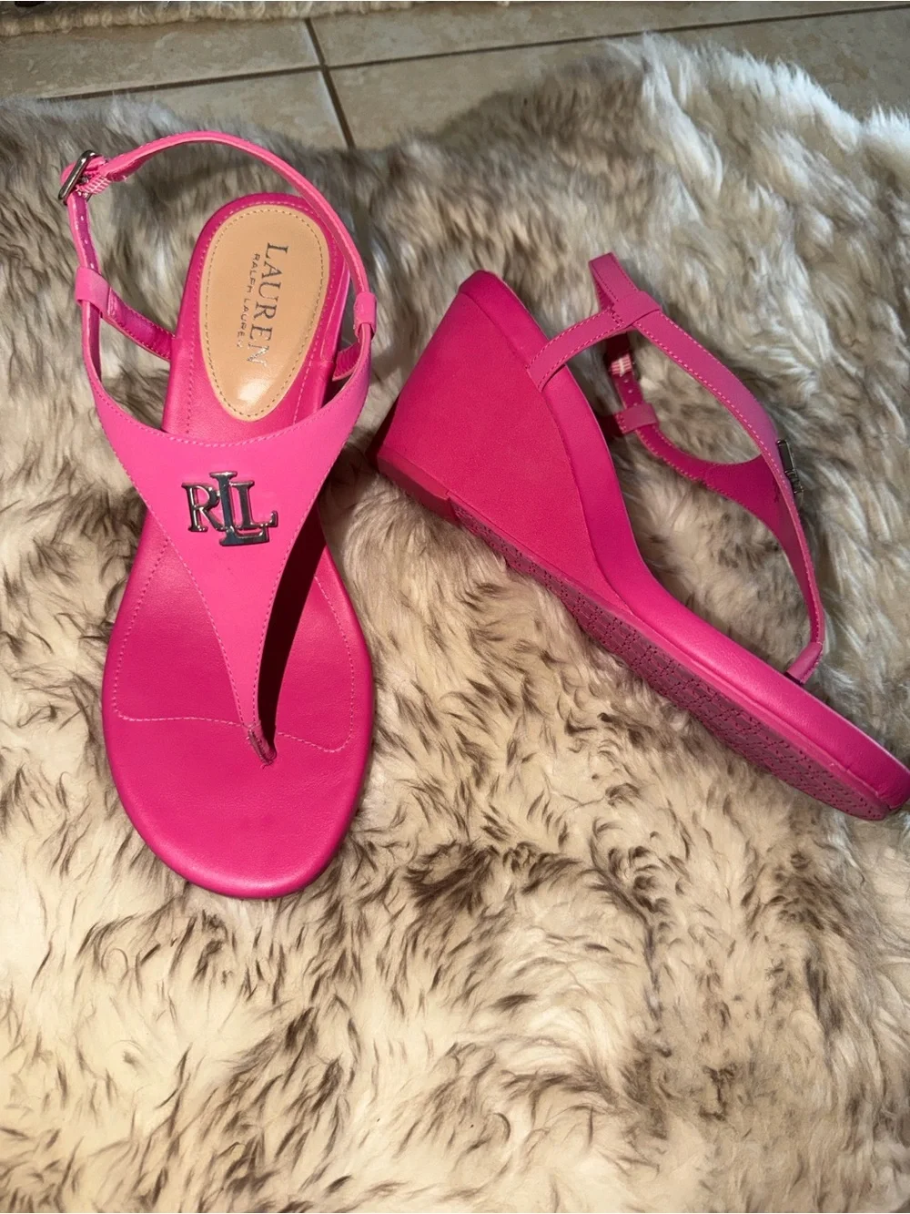 Ralph Lauren Jeannie Hot Pink low Wedge dressy designer hamptons Thong Sandals 8